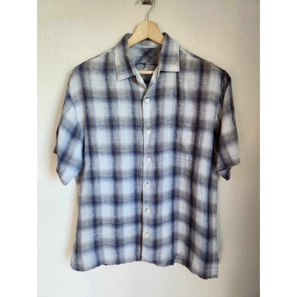 Men's Tommy Bahama Gray Plaid Linen Short Sleeve Button Down Shirt- Size Large - Picture 1 of 8